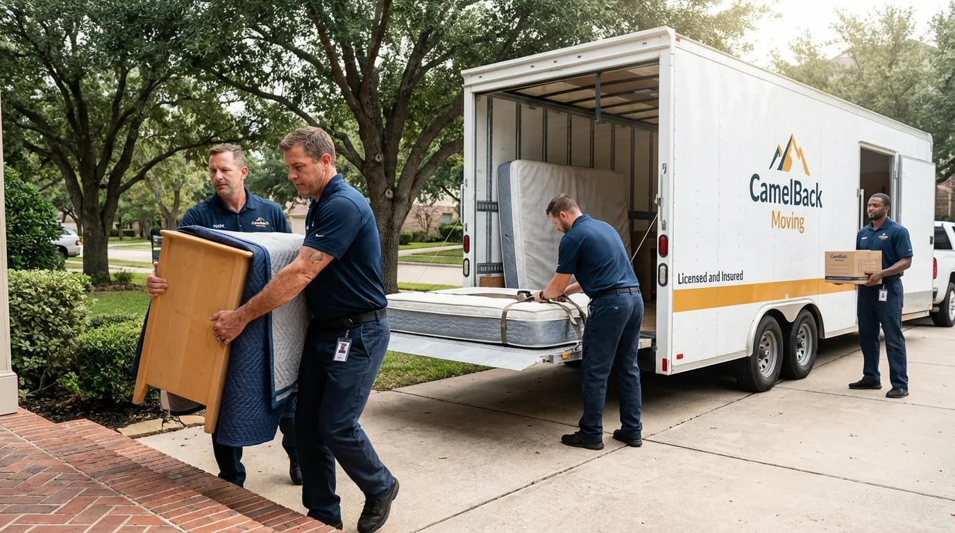 Crew loading residential truck for cross-state move from Hominy, OK