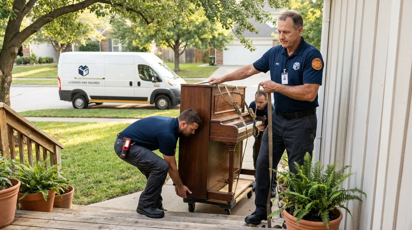Licensed piano movers securing grand piano in Hominy, OK