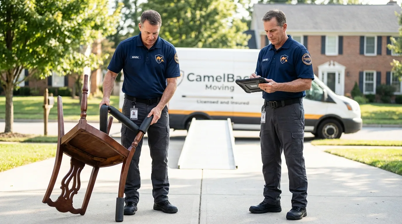 Movers inspecting furniture for damage prevention before loading in Hominy, OK