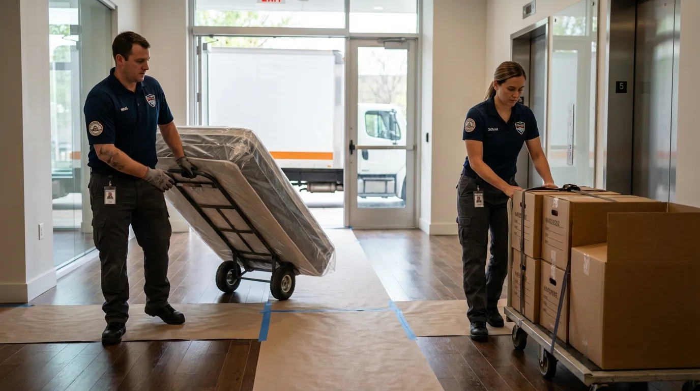 Professional apartment movers loading elevator in Hominy, OK