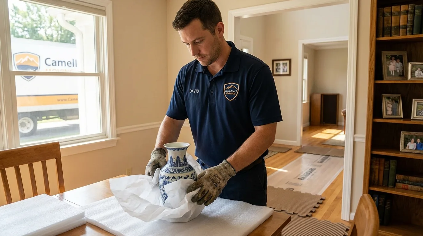 Professional crew carefully wrapping antique vase for senior downsizing move in Hominy, OK