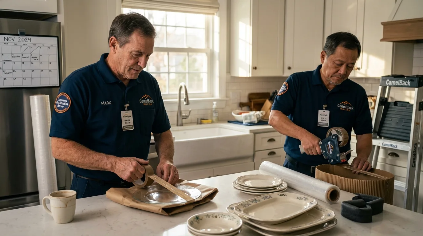 Professional crew packing kitchen dishware in Hominy, OK